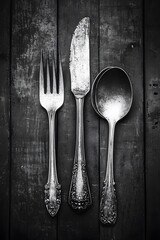 Antique Silverware Set on Rustic Wood- Fork, Knife, Spoon