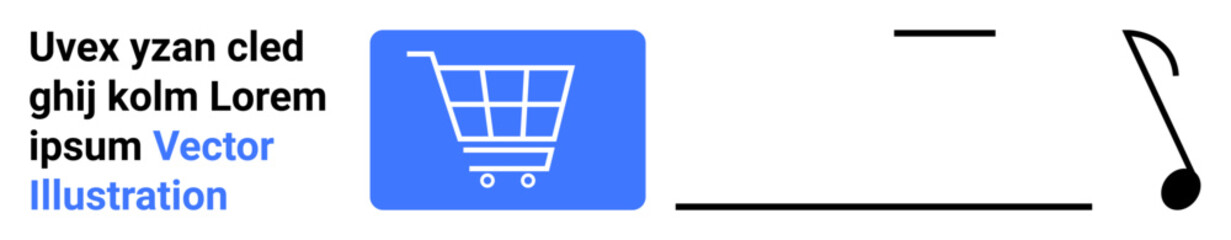 Shopping cart in blue square with placeholder text. Minimalistic music note lines nearby. Ideal for e-commerce, shopping, technology, branding, minimalism, music, simple landing page