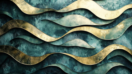 Abstract design featuring wavy gold and teal patterns on a textured wall, creating a modern aesthetic