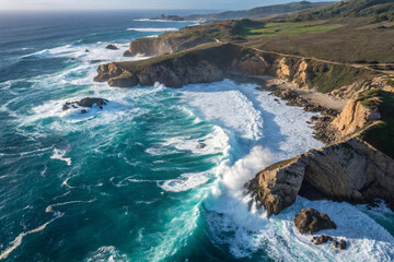 Aerial View of Turquoise Ocean Waves, Crashing Against Rocky Cliffs in a Coastal Landscape