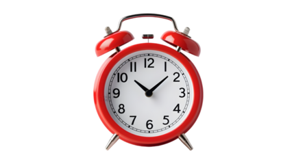 Red Classic Alarm Clock with Black Hands and White Dial on White Background
