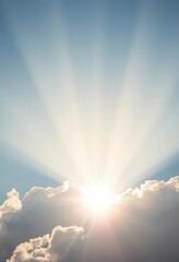 Sun's rays pierce through a layer of fluffy white clouds, creating a bright halo, cloudscape, warmth, sunshine