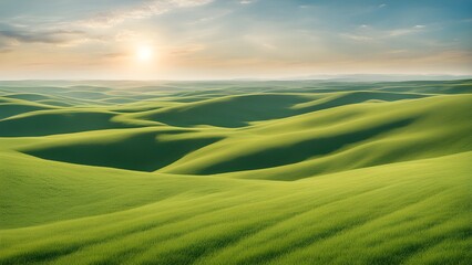 Stunning panoramic view vibrant green hills bathed warm glow a setting sun.