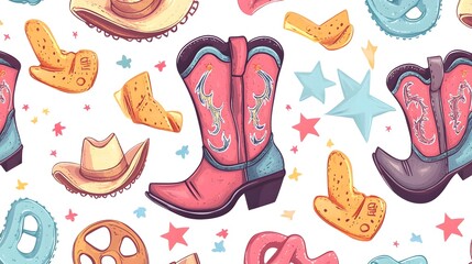 Western Cowgirl Boots and Horseshoes Seamless Pattern for Design Projects