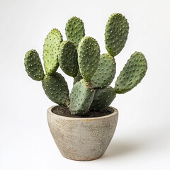 Opuntia cactus in pot on white background