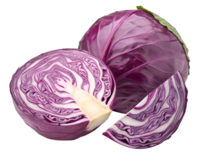 A close up view of a whole and sliced purple cabbage against  transparent background