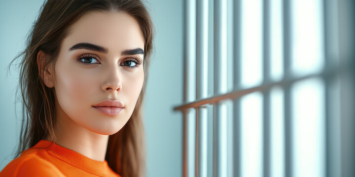 A brightly make-up beautiful young woman behind the bars of a prison cell. Prostitution, criminal activity.
