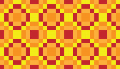 A yellow and orange pixel motif with a circular pattern that creates a retro-futuristic look
