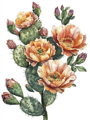 Fototapeta premium Opuntia cactus with vibrant orange flowers on white background