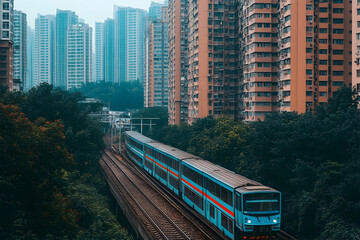 Naklejka premium Urban train travels through dense city skyline