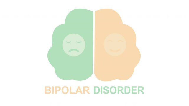 Two Personality mindset metaphor bipolar disorder mind. Split personality mood disorder between happy and sad. Psychology and mental health animation