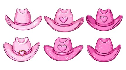 Collection of Pink Cowgirl Hats with Heart Designs - Vector Outline Illustration
