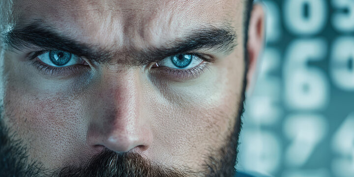 Arithmomania. A restless man against a background of rows of numbers and numerals. Mental disorder, mania