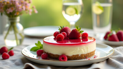 Red berry cheesecake with fresh strawberries and raspberries, served on a ceramic plate. A linen tablecloth, wildflowers, and sparkling water create a fresh and elegant spring dessert setting.