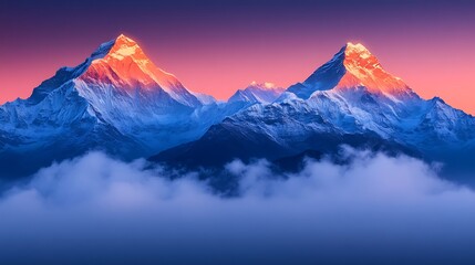 Majestic snow capped mountain peaks rising above a cloudy atmosphere