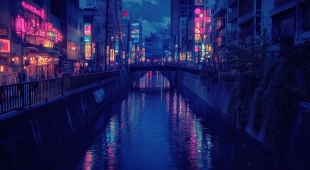 A neon illuminated urban canal at night displays reflections in water