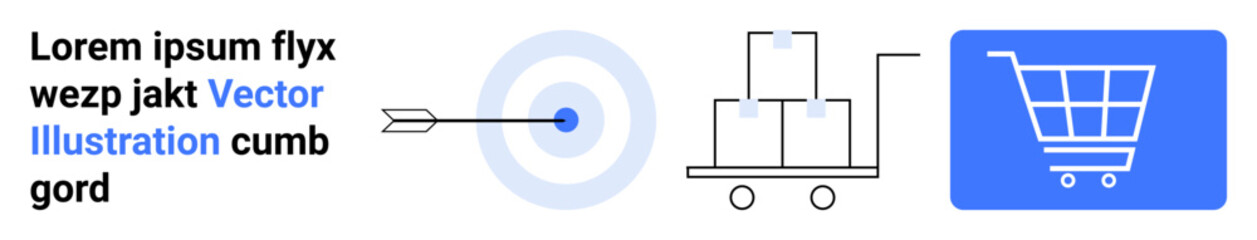 Arrow hitting target, trolley with packages, blue shopping cart icon. Ideal for e-commerce, delivery, logistics, strategy, goal setting, business planning simple landing page