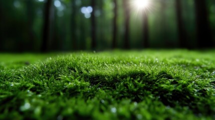 Naklejka premium Vibrant green moss covers the forest floor in close-up detail, with sunlight filtering through blurry trees in the background.