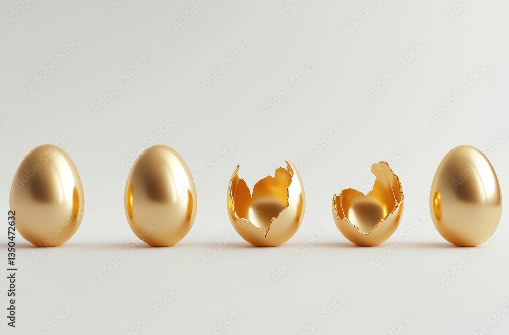Poster shiny golden eggs in a line showing different stages of breaking and hatching on a soft background f
