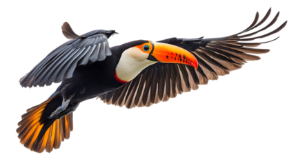 Toucan Bird in Flight With Vibrant Orange Beak and Colorful Plumage