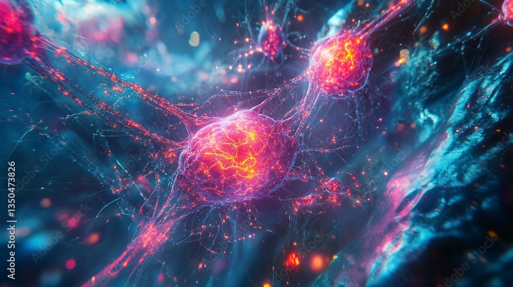 Poster abstract interconnected glowing network of neuron cells with vibrant colors and light effects