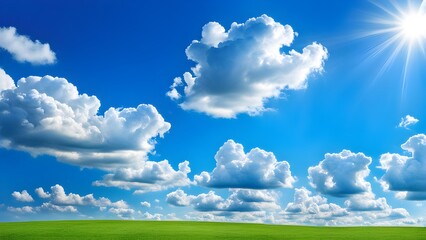 Obraz premium Sunny day scene featuring a vibrant green field under a bright blue sky dotted fluffy white clouds.