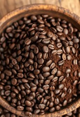 Obraz premium Dark brown ground coffee beans piled high in a rustic bowl, morning, coffee in bowl, brown coffee