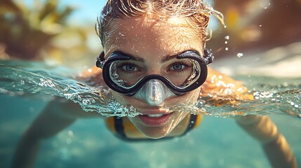 Fototapeta premium Underwater Woman Snorkeling in Tropical Waters