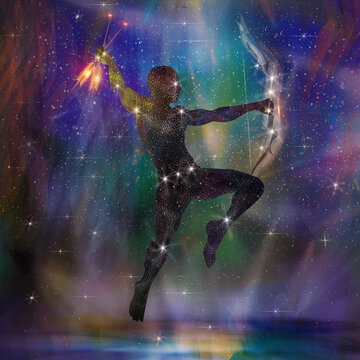 abstract Orion Constellation illustration art. magical glowing neon effect with abstract starry night sky technology background and Concept of NFT technology. 