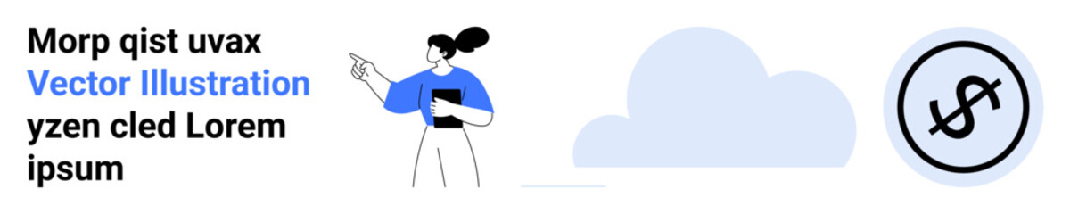 Woman gesturing while holding a tablet, abstract cloud shape, and circular icon with dollar sign. Ideal for technology, finance, communication, marketing, education, teamwork simple landing page