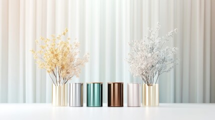 Elegant decorative potted plants in modern metallic containers