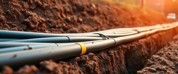 High-voltage cable installation in a newly dug trench, wires, technology