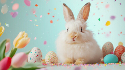 Easter Eggs with Intricate Patterns, a Fluffy Bunny, and Blooming Tulips on a Light Blue and Pink Gradient Background, with Colorful Confetti in the Air, Copy Space for Text, Bright Spring-Like
