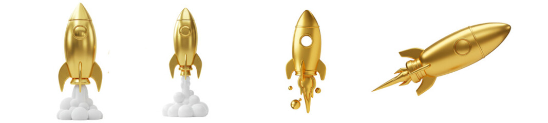 Set of 3D Realistic Golden Rocket take off up. Flight spaceship. Icon isolated on transparent background Concept for start up PNG File 
