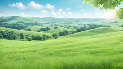 Fototapeta premium Idyllic summer scene rolling green hills under a bright blue sky; perfect nature-themed projects.