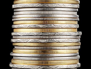 Stacked coins of gold and silver sit in a row