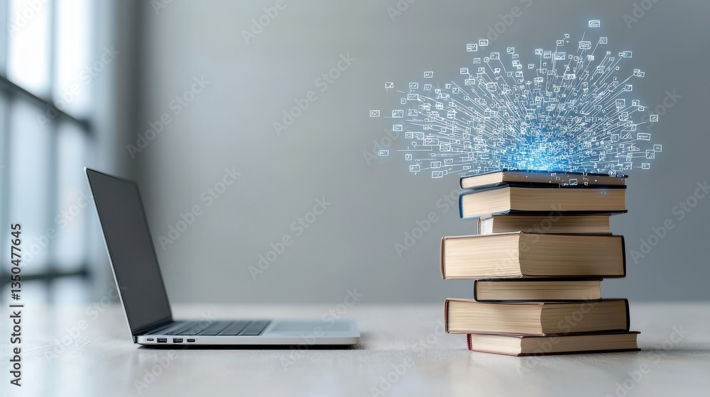 Poster a stack of books and a laptop computer representing the blend of traditional and modern learning res