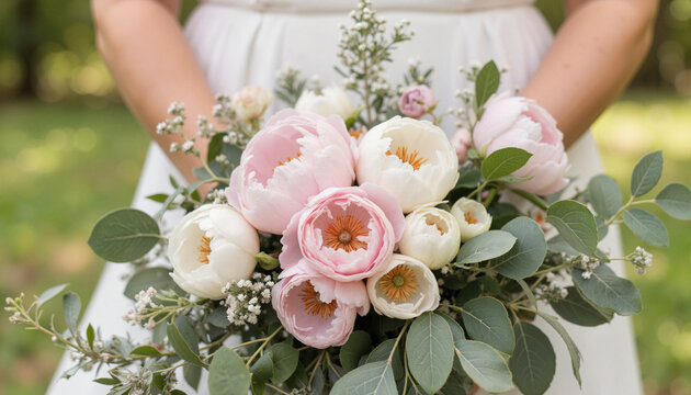 Romantic bridal bouquet with peonies and eucalyptus, wedding elegance, Bridal bouquet, Spring Wedding Expo - Powered by Adobe
