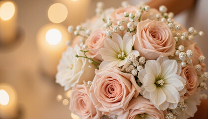 Obraz premium Elegant bridal bouquet with pearls and soft florals, wedding elegance, Bridal bouquet, Spring Wedding Expo