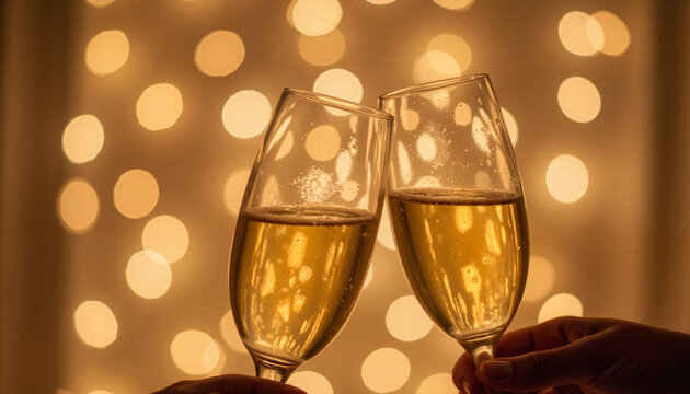 Joyful toast with champagne glasses against golden bokeh lights, celebration, Champagne glasses, Spring Wedding Expo