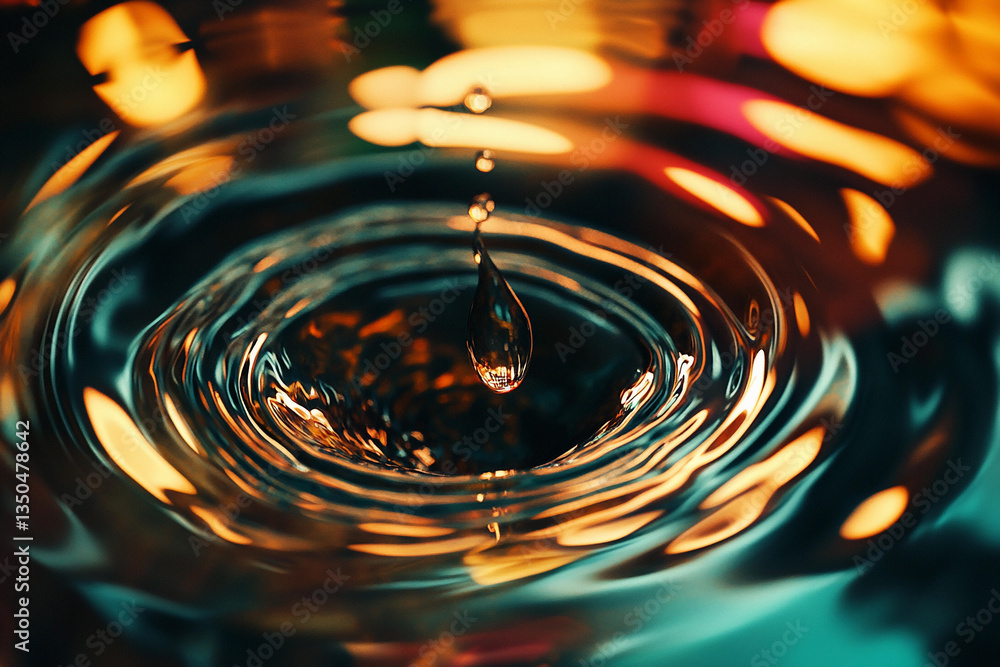Aufkleber droplet creates ripples in water creating colorful reflections in artistic display