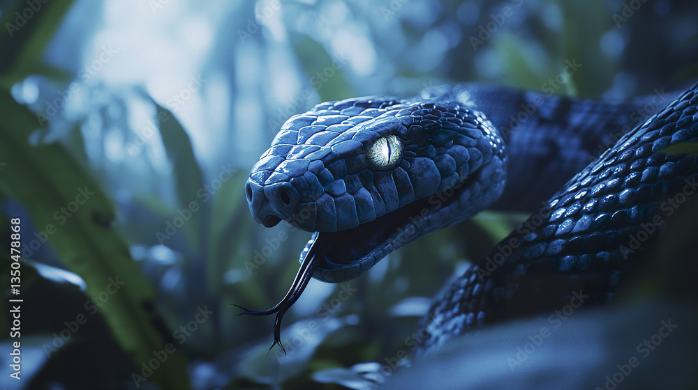 Poster venomous blue snake with its jaws open in jungle setting
