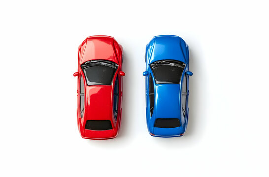 Red And Blue Toy Vehicles Facing Each Other On Minimalist White Backgrounds. Vehicles Are A Miniature Scale. Miniature Vehicles Are Colorful And Detailed. Vehicles Are Bright And