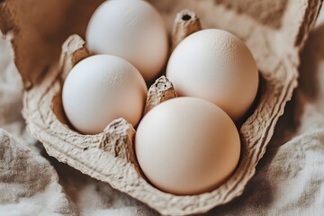 Four Fresh Eggs in Cardboard Carton Closeup