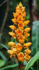 Close-up of a wild yellow orchid blooming in a lush green meadow. The delicate petals display intricate patterns, standing tall among the grass in a natural setting.