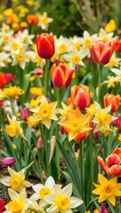 Obraz premium Vibrant spring blooms of tulips and daffodils in a garden, nature, yellow