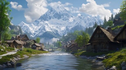 Fototapeta premium Picturesque alpine village nestled beside a river, with snow-capped mountains in the background. Lush greenery surrounds the charming wooden houses
