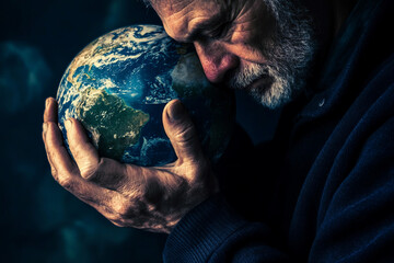 Elderly man in deep thought embracing a globe, reflecting on the planet's future and care