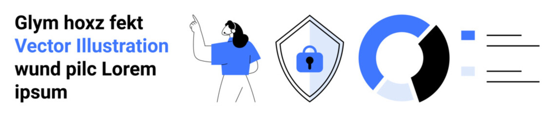 Person gesturing with shield lock, data charts, and placeholder text elements representing security, analytics, and communication. Ideal for technology, cybersecurity, teamwork, presentations