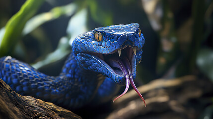blue viper with fangs exposed and tongue flicking in forest setting